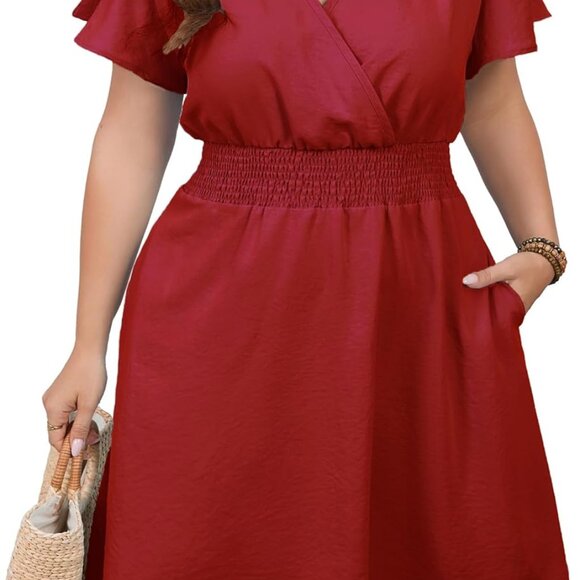 Plus Size Women's Midi Dress Rayon V-Neck Ruffle Short Sleeve Casual - Picture 1 of 6